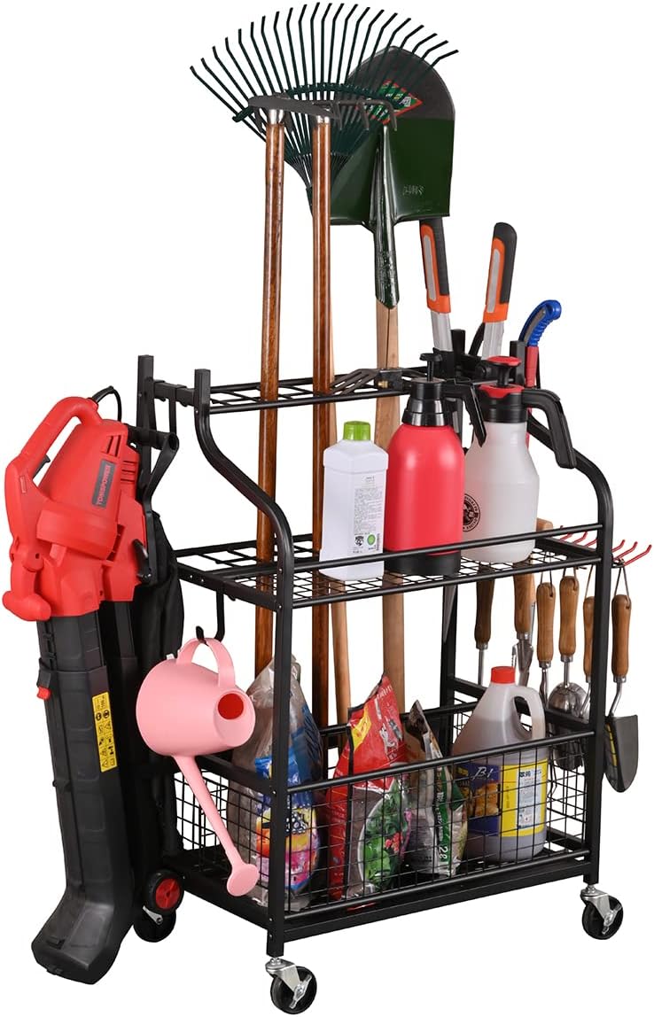 Snail Garden Tool Storage Organizer with Wheels Yard Tool Stand Holder for Garage Lawn and Outdoor, Steel Yard Tool Racks to Store Yard Long Rakes, Brooms, Mops and Buckets, Garden Tool Rolling Cart