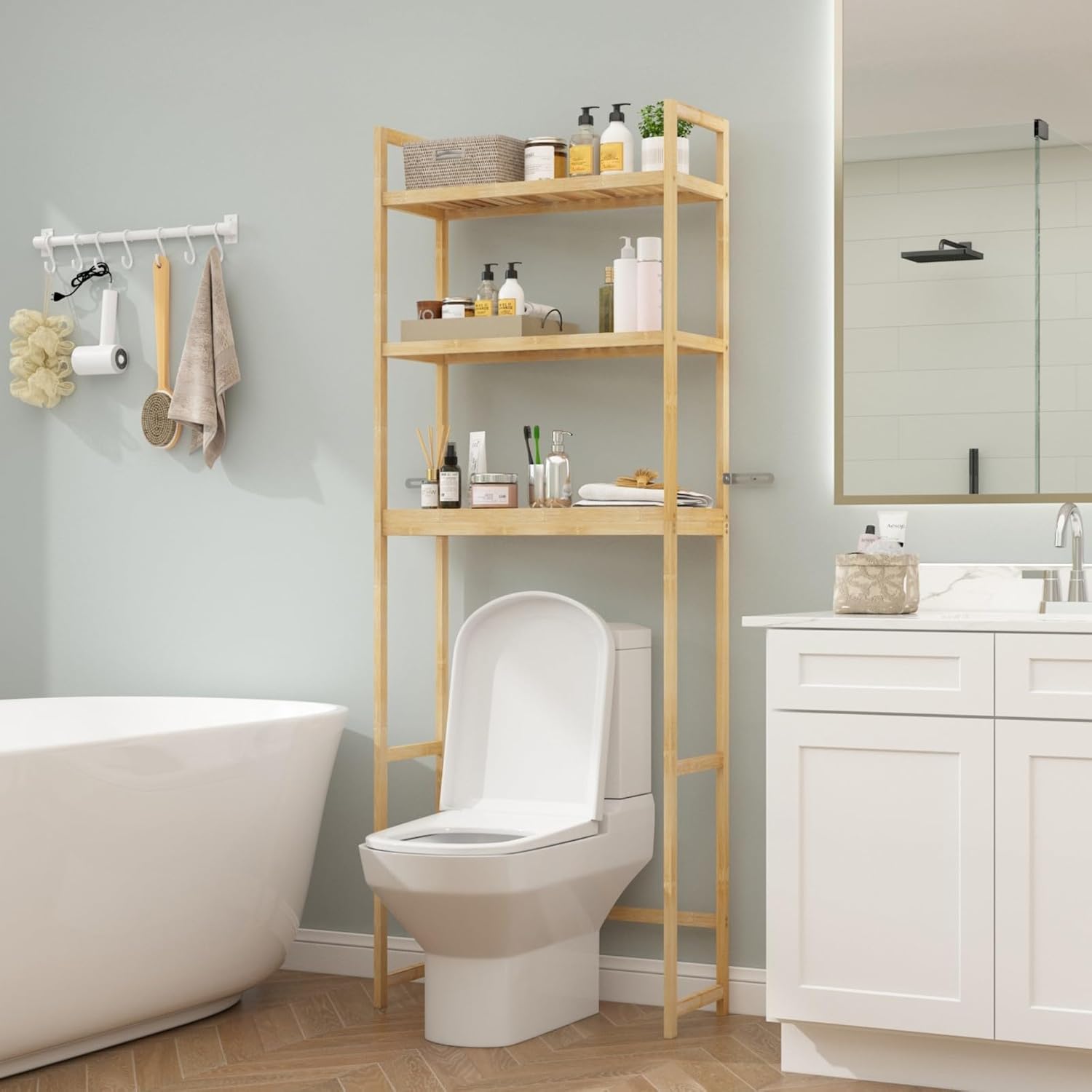 FAMAPY Bamboo Over The Toilet Storage Shelf, 3-Tier Bathroom Above Toilet Organizer Shelf, 4 Hooks, Space-Saving Toilet Stand for Restroom Laundry, Oak 10.2”D x 24.8”W x 66.9”H