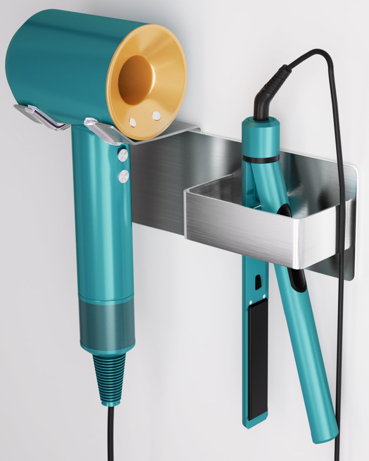 Hair Dryer Holder Wall Mounted, Stainless Steel Blow Dryer Holder for Bathroom, Hair Dryer and Straightener Holder Adhesive or Drilling, Hair Tool Organizer for Salon Barber Shops Banjekt
