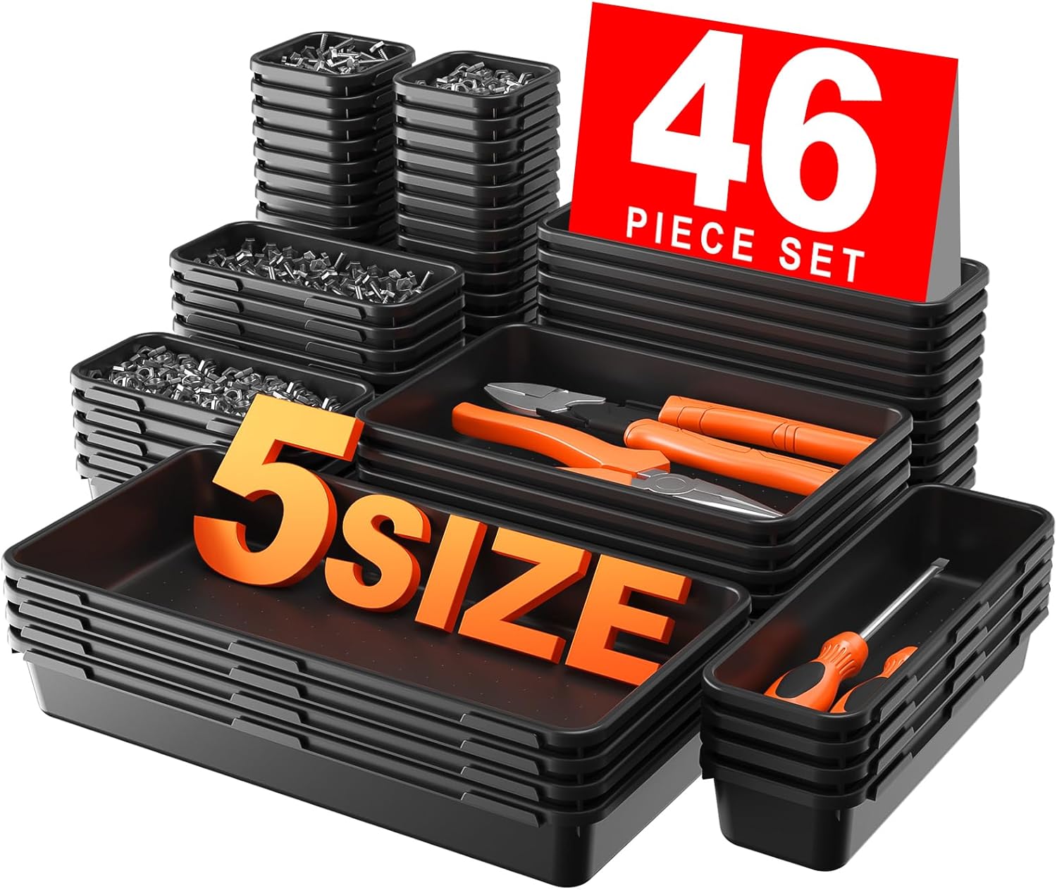 【𝟰𝟲𝗣𝗖𝗦】【5 Size】A-LUGEI Tool Box Organizer Tray Divider Set, 【Black】 Desk Drawer Organizer, Garage Organization and Storage Toolbox Accessories Rolling Tool Chest Cart Cabinet WorkBench Small Part