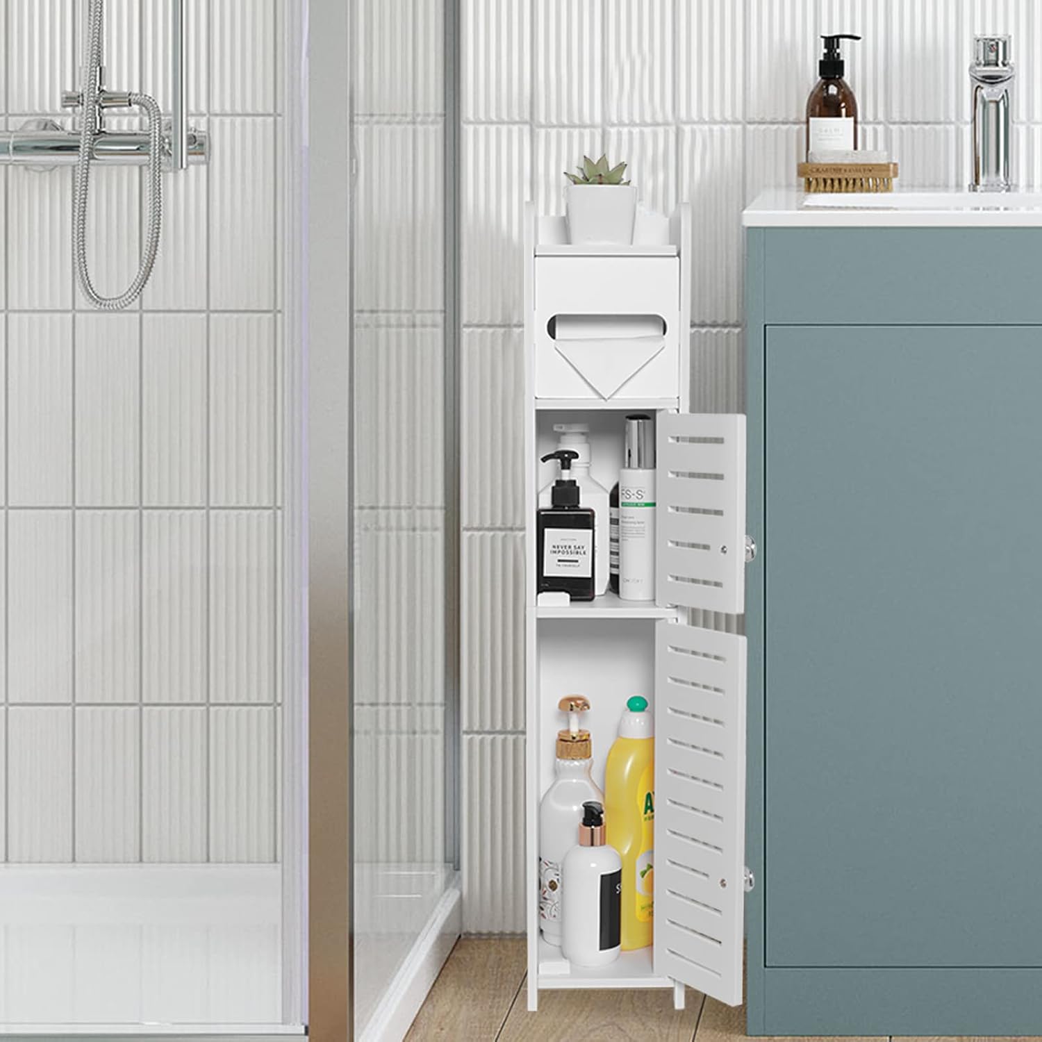 TuoxinEM Storage Cabinet for Small Spaces, Over The Toilet Cabinet for Skinny Bathroom Storage Corner Floor, Slim Paper Holder with 2 Doors & Shelves (White)