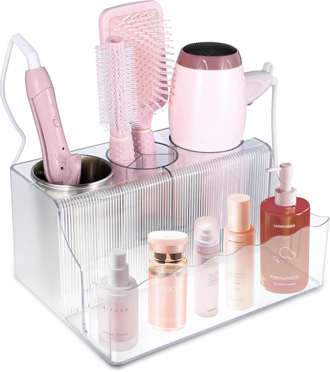 Hair Tool Organizer Clear-Blow Dryer Holder for Hair Products, Brushes, Skincare, Toiletries, and Makeup for Clutter-Free Women Vanity Tops, Countertops, Desktop