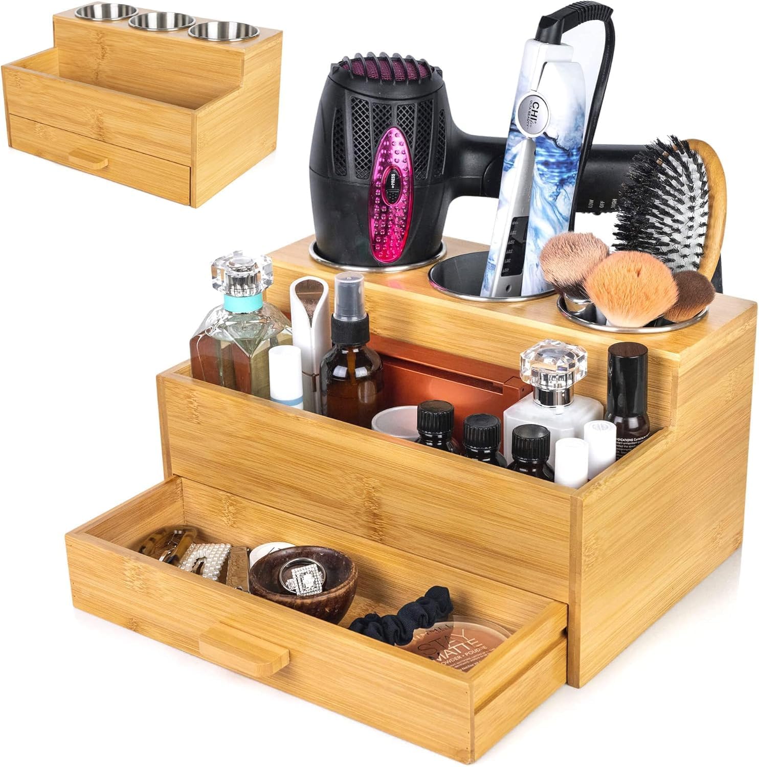 Hair Tool Storage Organizer, Bamboo Hair tool organizer for Bathroom, Kitchen and Makeup,Hair organizer storage Perfect for Storing Blow Dryer, Straightener and Brush