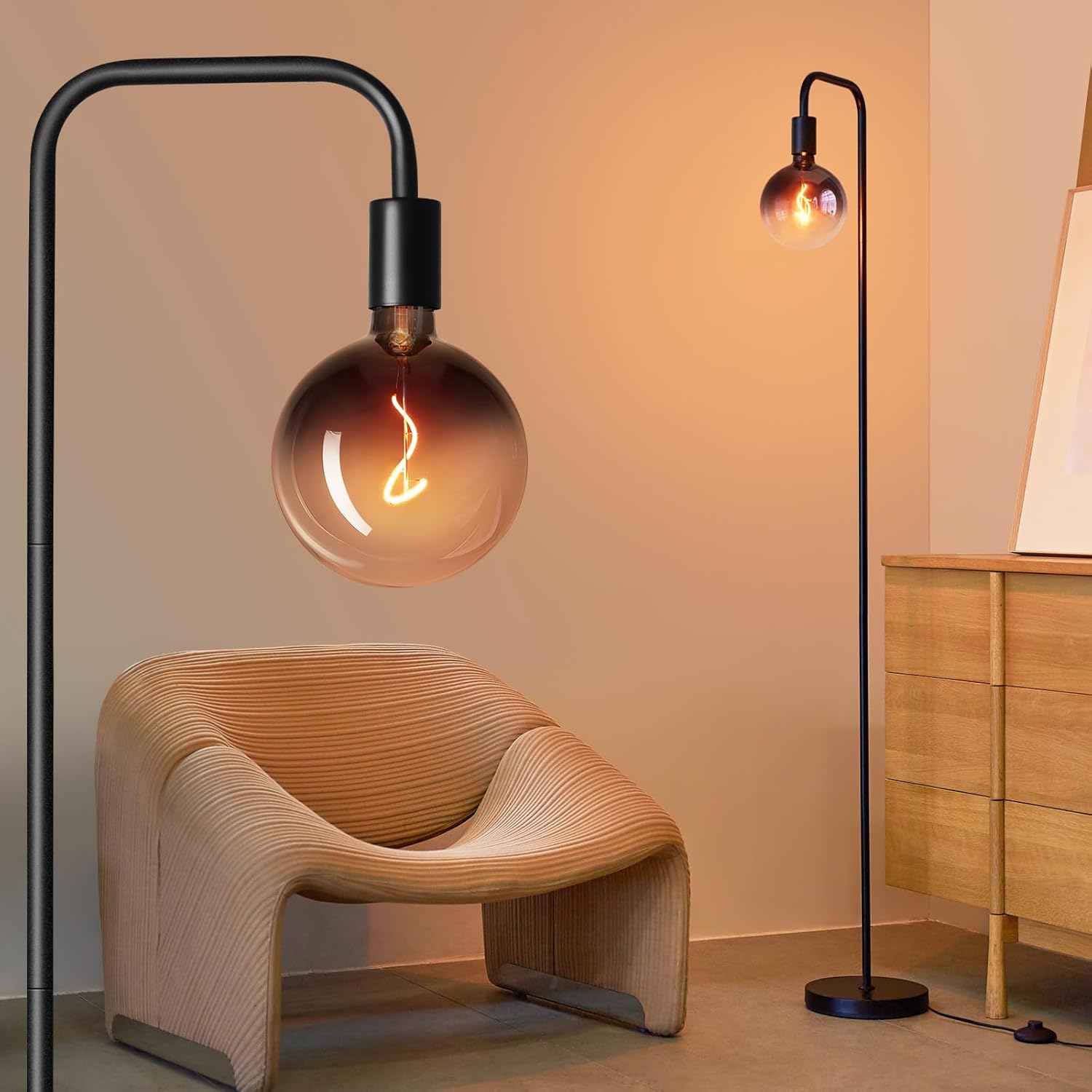 ONEWISH Floor Lamp for Living Room - Minimalist Industrial Standing Lamp with Modern LED Bulb, Globe Black Clear Glass 6