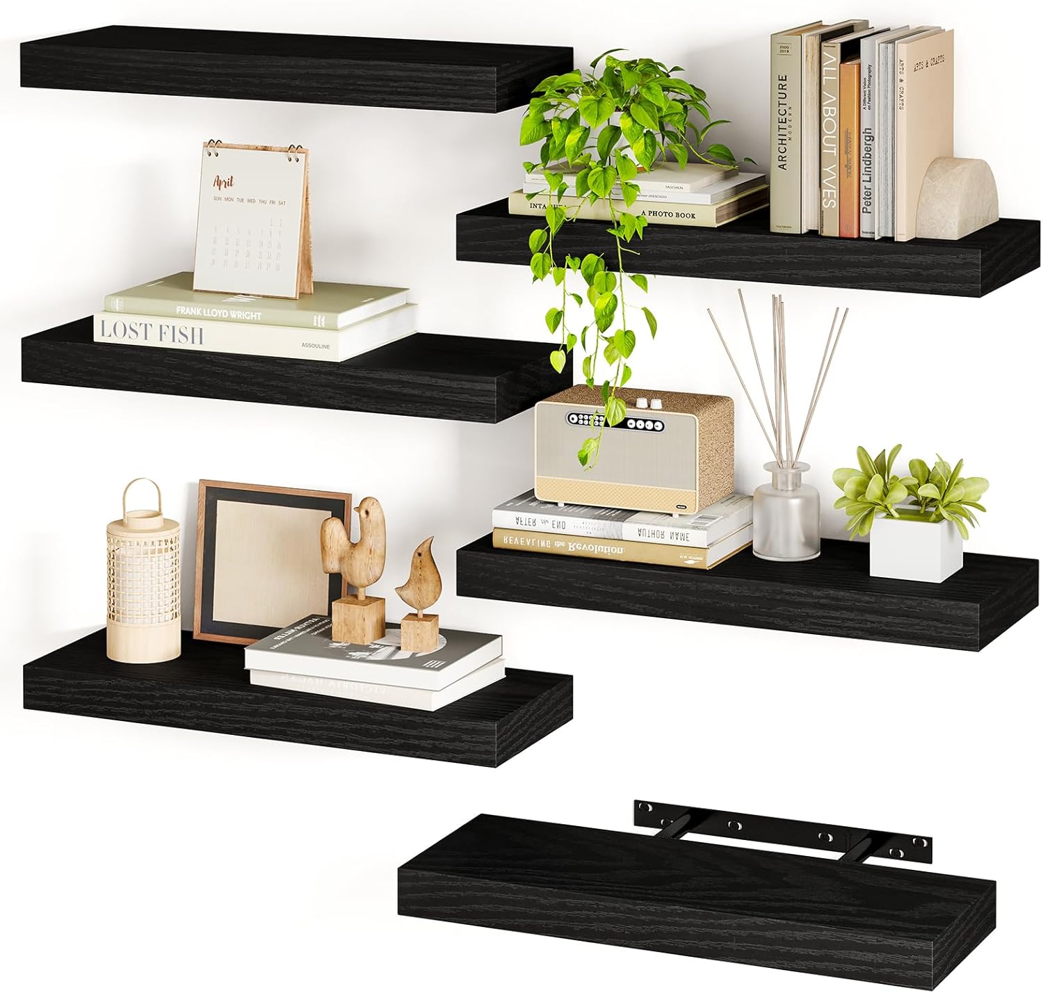 Fixwal 15.8in Black Floating Shelves, Set of 6 Wood Shelves, Farmhouse Shelf Wall Decor for Bathroom, Bedroom, Living and Kitchen Room