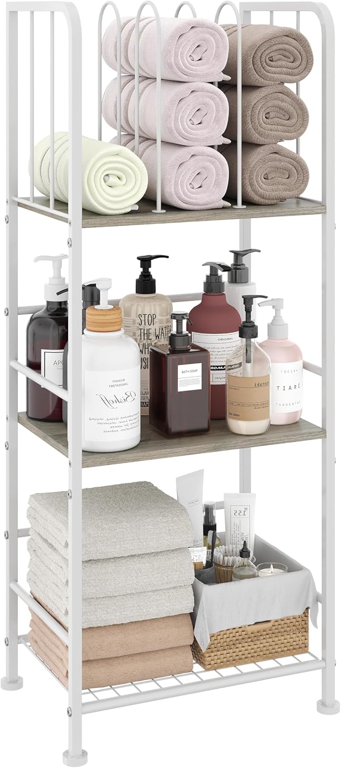 Towel Rack Free Standing 3-Tier M-Shaped Detachable Dividers, Durable Metal Holder, Pool Towel Rack, Space-Saving Towel Storage Organizer, Modern Bath Towel Shelf for Home, Poolside, White