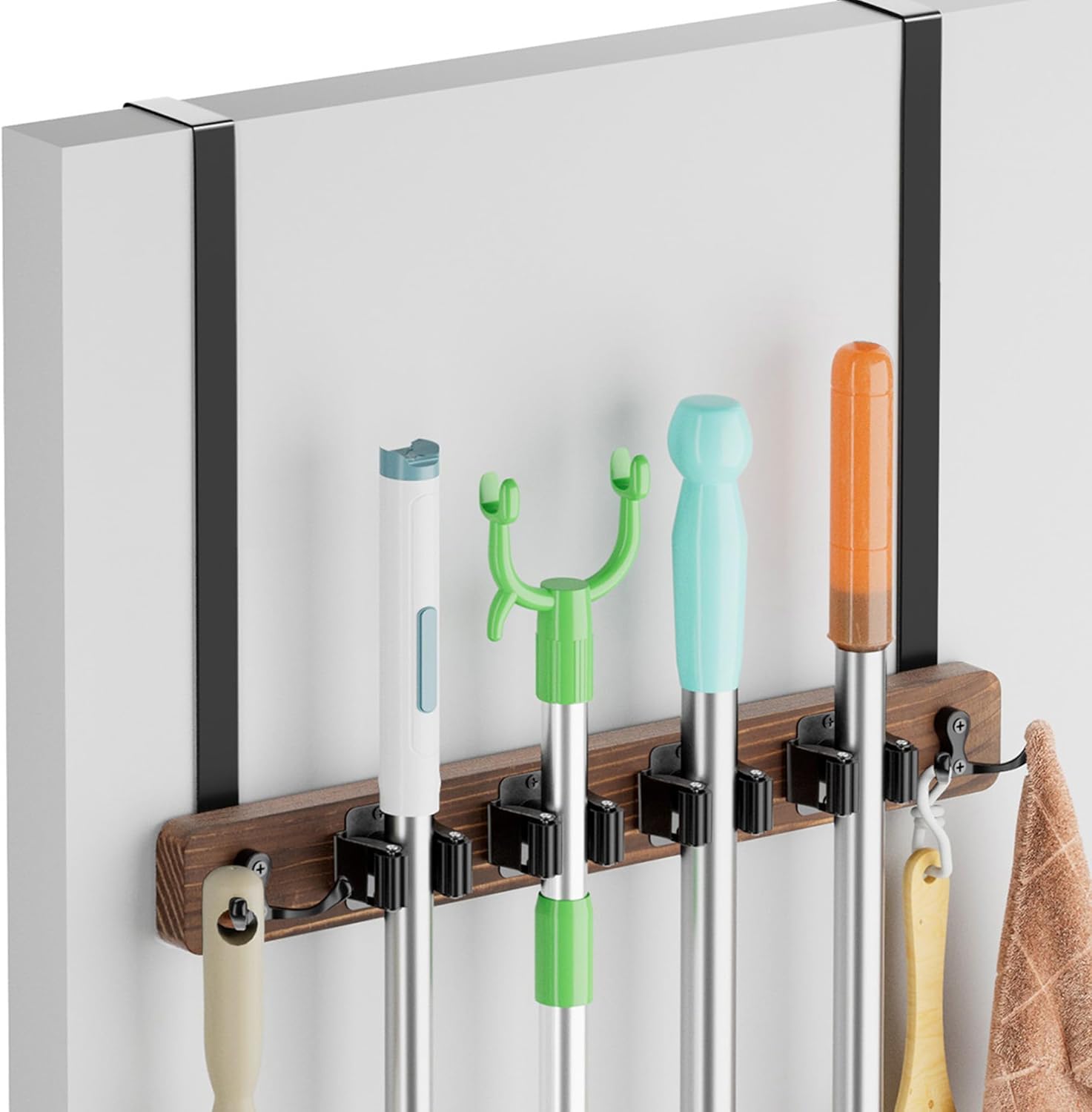 Lorbro Broom Holder Door Mount, Over the Door Broom and Mop Holder with 2 Over Door Hooks, Wood Broom Hanger, Tool Rack Organizer for Laundry, Garage, Closet, Kitchen Decor, 4 Slots & 4 Hooks Rustic