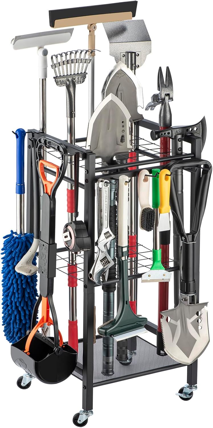 Garden Tool Organizer- 3 Tier Garage Storage and Organization, Holds Up to 35 Long-Handled Tools, Heavy-Duty Metal Holder with 6 Adjustable Hooks, Black