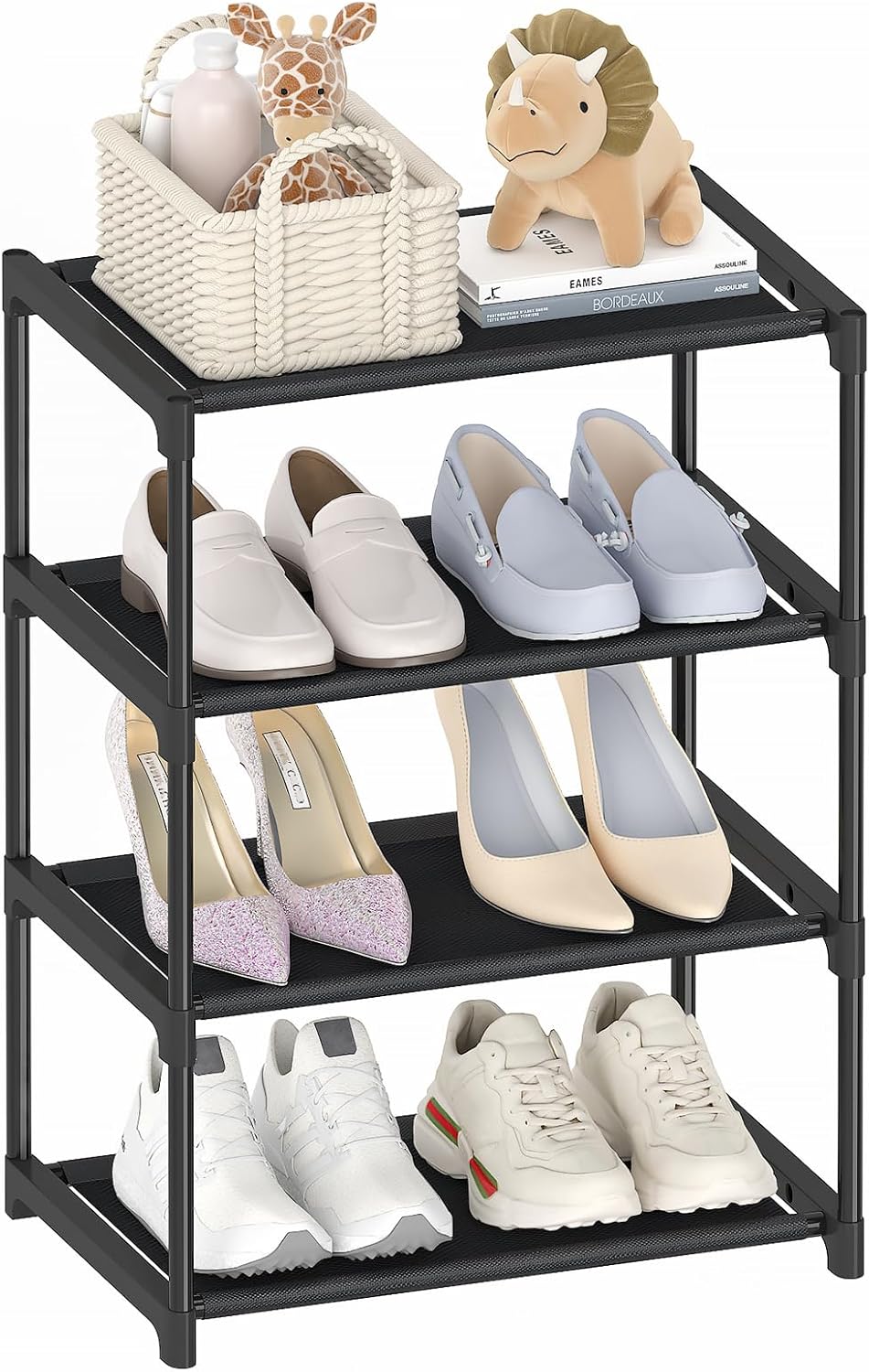4 Tier Small Shoe Rack, Narrow Stackable Kids Toddler Adult Shoe Storage Organizer Shelf for Closet Floor Entryway Bedroom, Space Saver Shoe Rack Organization Shelves