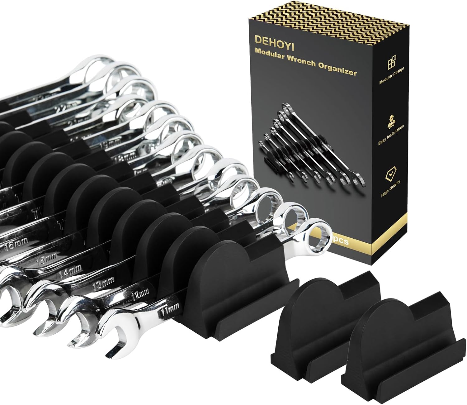 48 pcs Modular Wrench Organizers for Tool Drawers - Wrench Rack with Metric&SAE Labels, Perfect Tool Storage Holder. Gift for father, brother and boyfriend (Black without Magnet)
