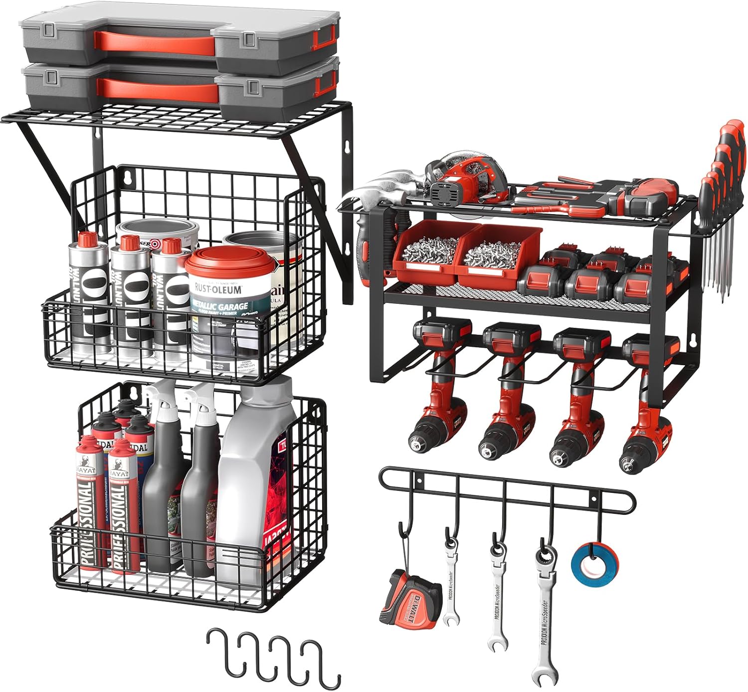 Power Tool Organizer Wall Mount - Multifunctional Garage Organization with Hanging Hooks and Baskets, Wall Shelving Drill Holder, Gift for Man Storage Rack, Black