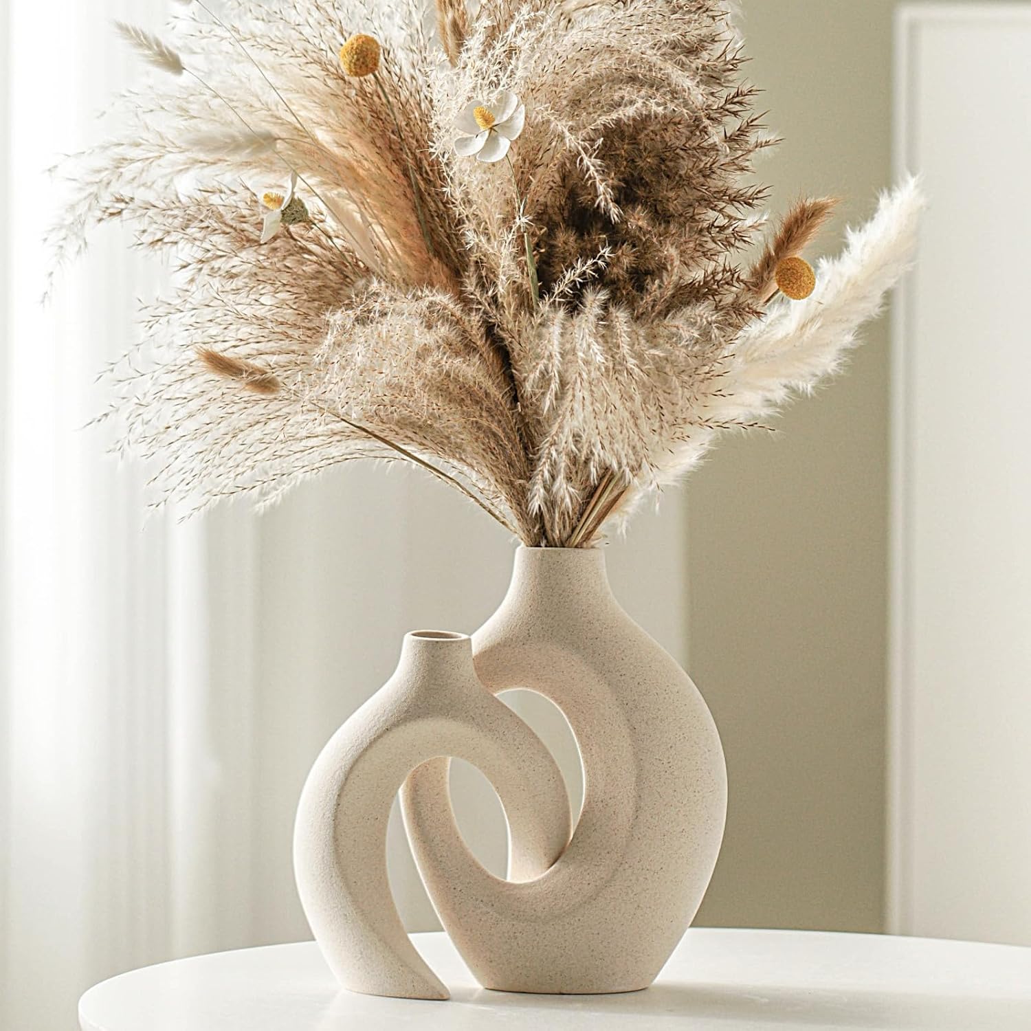 Snuggle Hollow Ceramic Vase Set of 2, Nordic Modern Boho ins Style Decorative Ceramic Aesthetic Flower Vase for Home Decor (Milky White W 6.3
