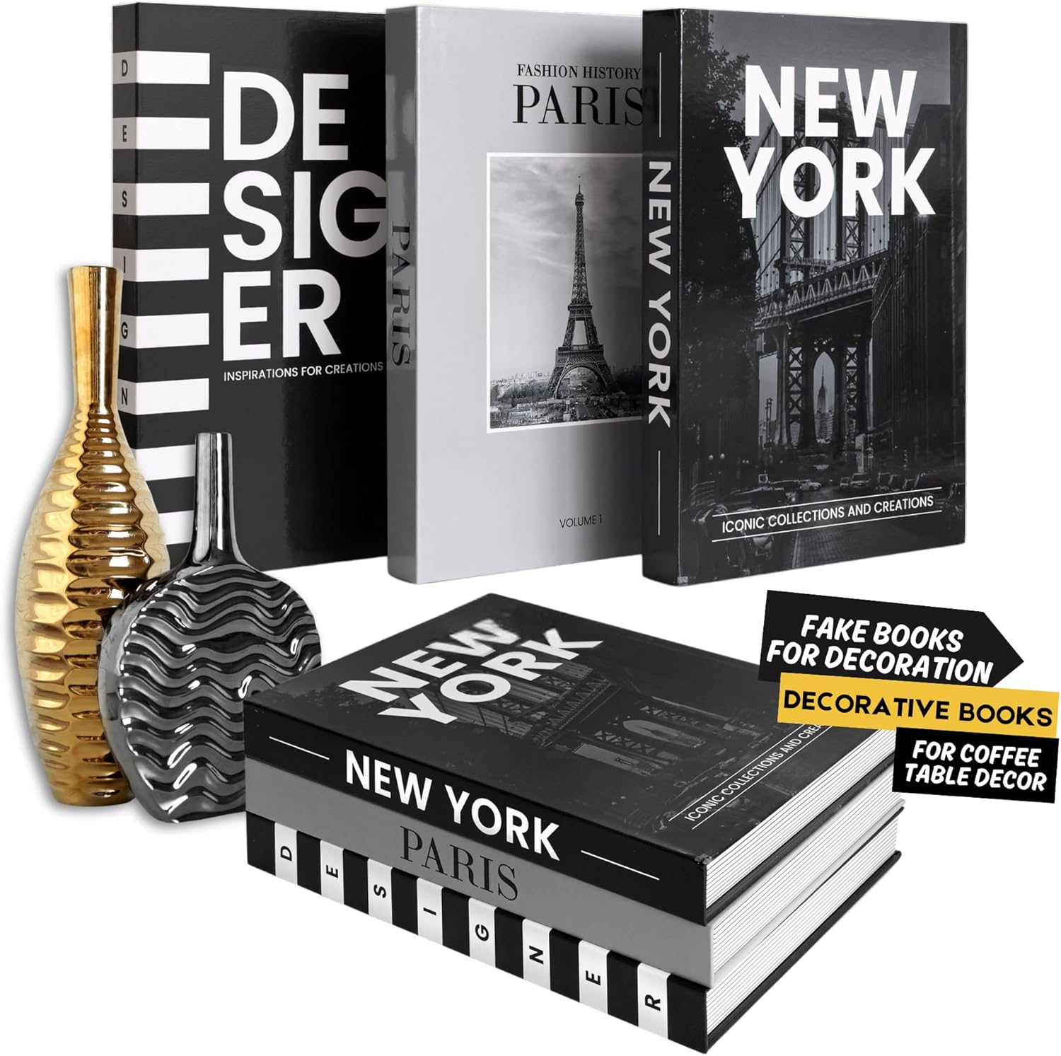 Designer Books Decor Set of 3 Faux/Fake Book for Decoration Aesthetic Black & White Decorative Books for Home Decor on Coffee Table Bookshelf TV Stand Entryway Décor Minimalist Modern Box for Shelf