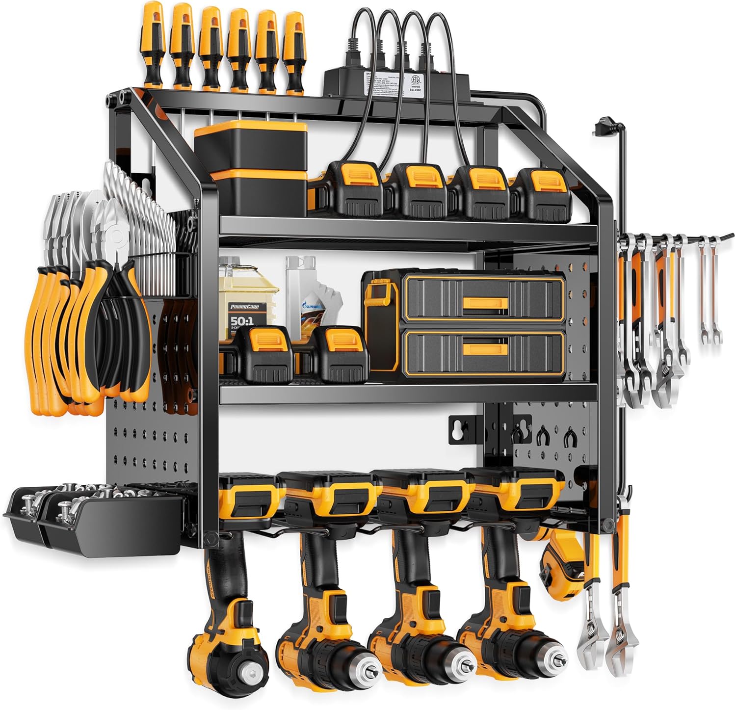 LBT Heavy Duty Metal Power Tool Organizer Wall Mount with 4 Outlet Charging Station & Drill Holder, 4 Layer Garage Storage Rack 120LB, Gift for Men Dad Husband (Workshop, Anniversary, Father\'s Day)