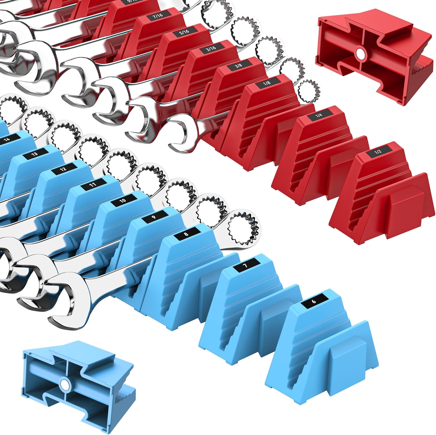 48PCS Magnetic Modular Wrench Organizers for Tool Drawers - Red & Blue - Wrench Rack with Metric & SAE Labels, Customizable Magnet Tool Storage Holder for Tool Box Organization