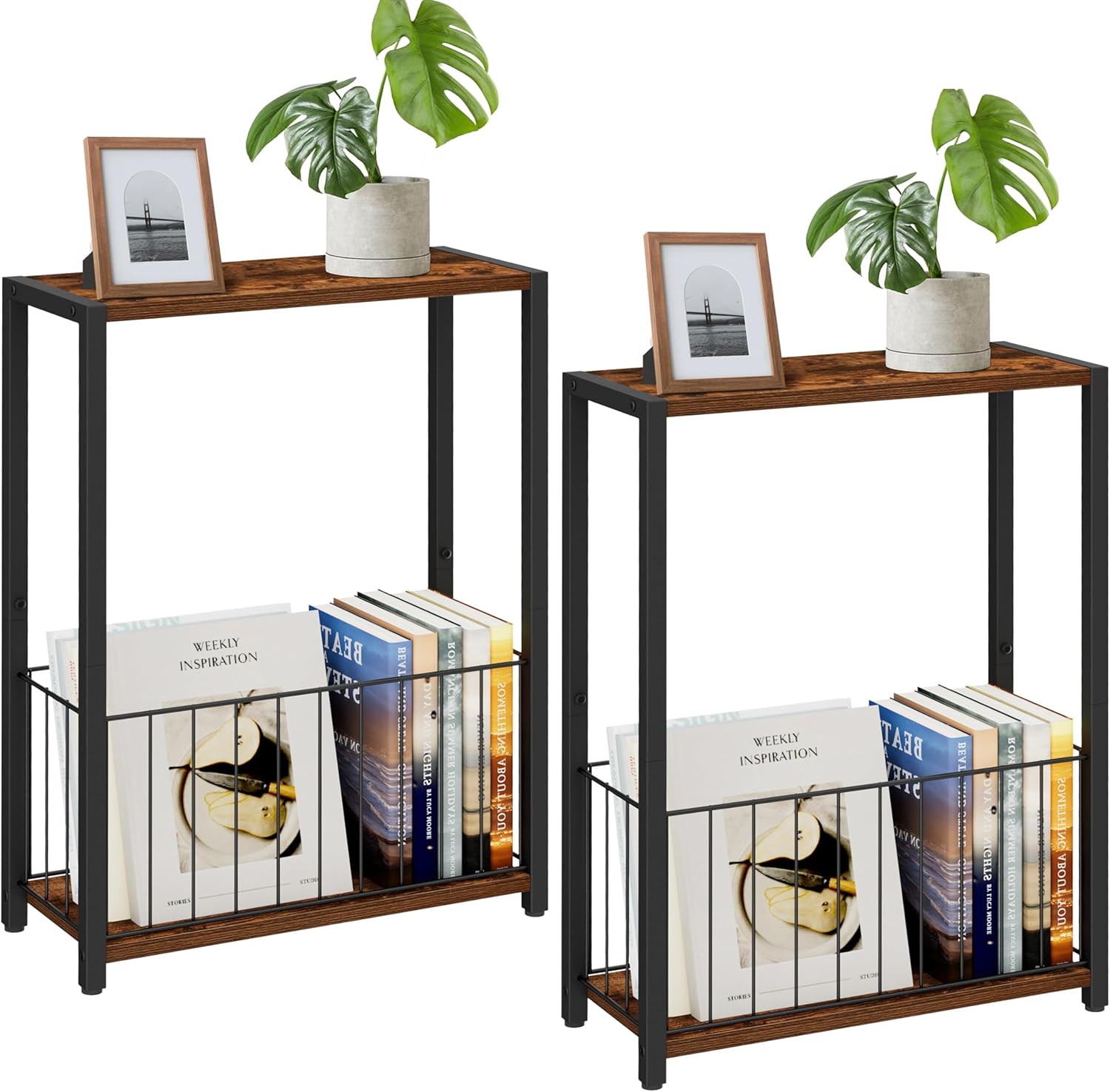 Narrow Side Tables Set of 2 with Magazine Holder, Skinny End Tables Perfect for Small Spaces, Space-Saving Design for Living Room, Bedroom, or Office, 7.1