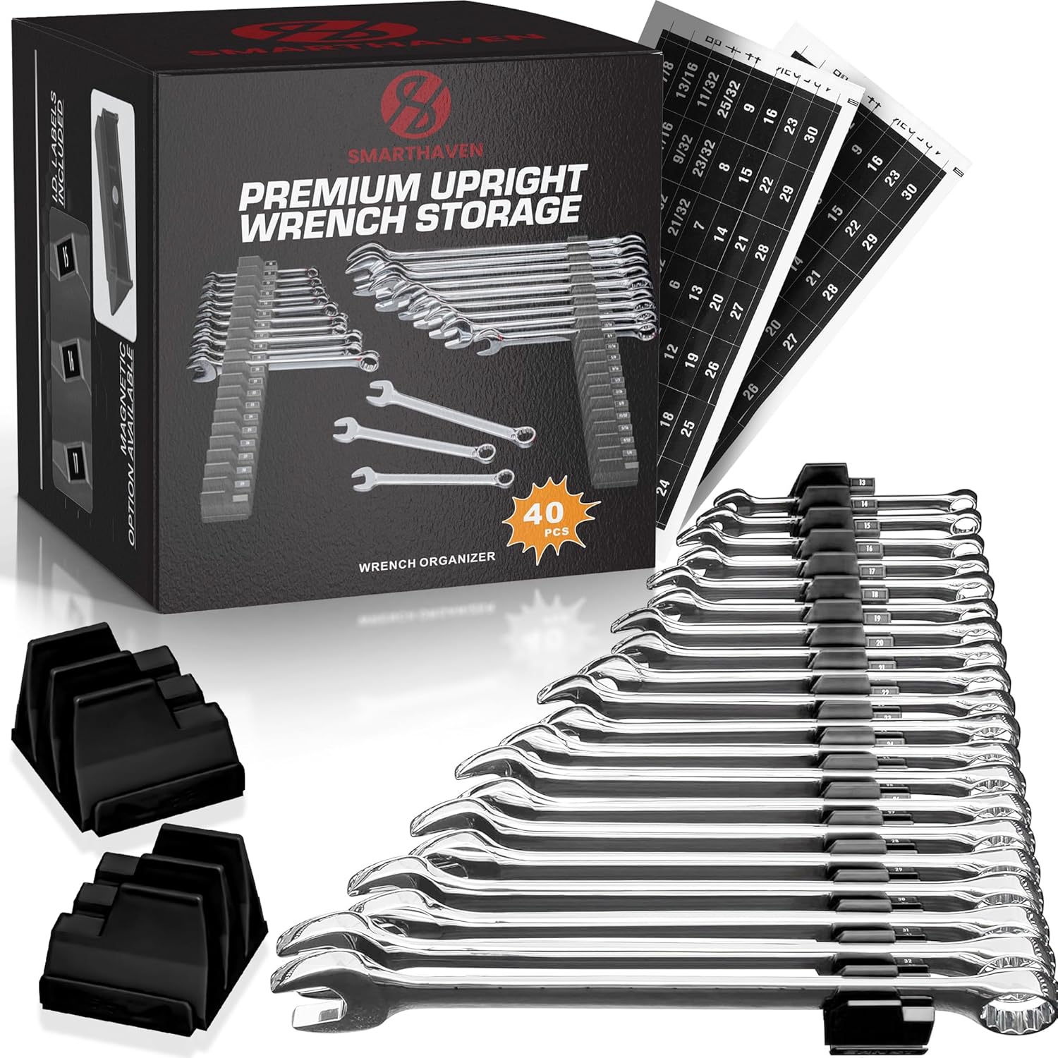 40 pcs Wrench Tool Organizers for Tool Drawer Storage,Modular wrench organizer, tool box organizer for professionals with magnetic base,magnetic tool holder.(BLACK)